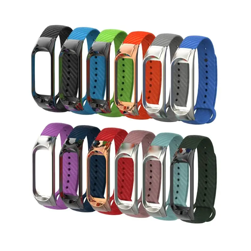 

Metal Frame Carbon Fiber Grain Replacement Silicone Strap Watch Band for xiaomi Mi Band 3 Bracelet