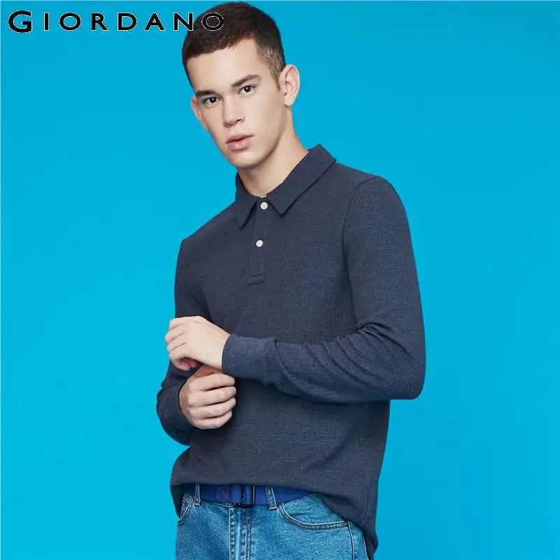 Giordano мужские рубашки поло с вафельным узором, с длинными рукавами, мужские плотные однотонные поло Para Hombre, с разрезом по подолу, Camisa Polo 01019783