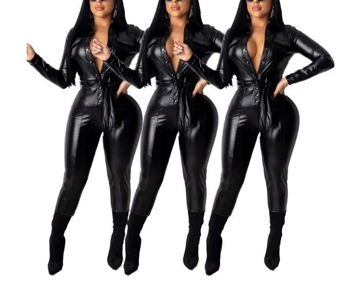 Сексуальный комбинезон из искусственной кожи для женщин облегающий боди с