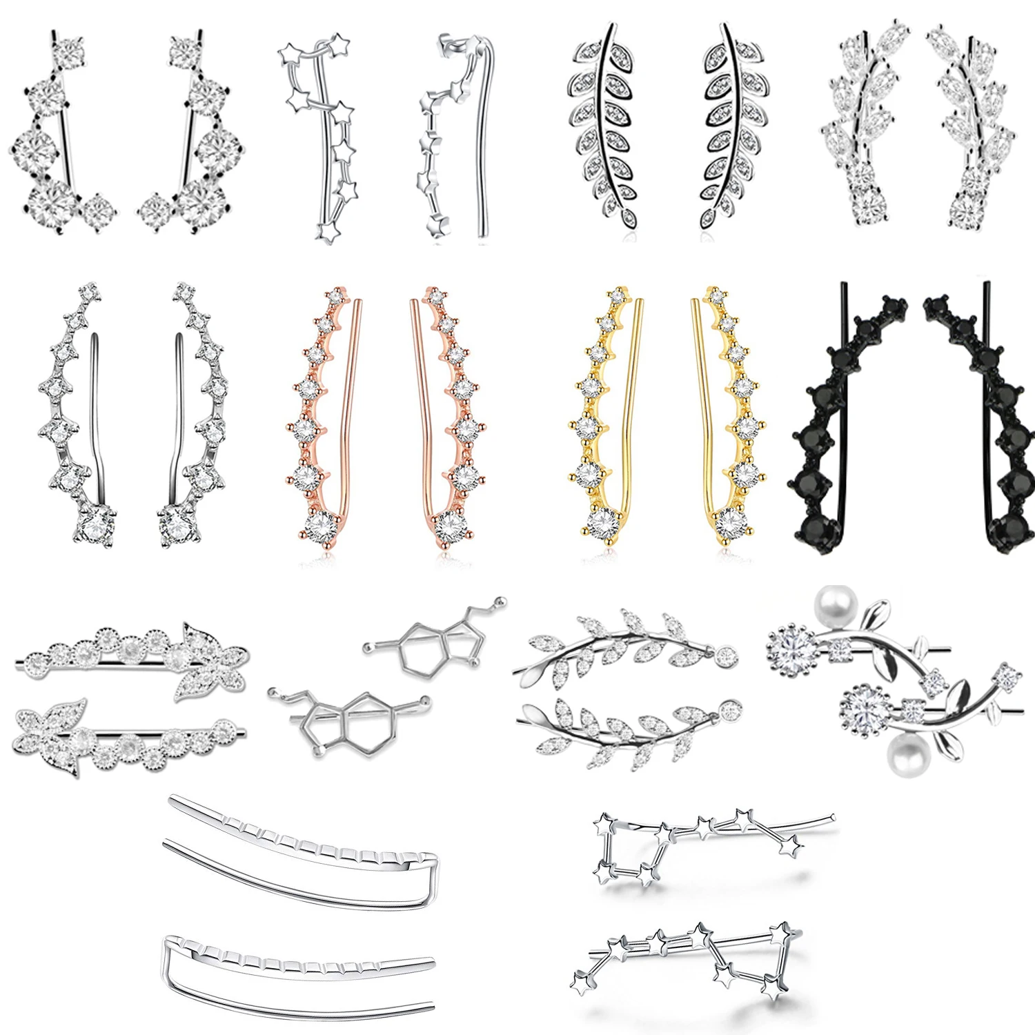 Серьги гвоздики женские с белыми кристаллами ювелирные украшения на гусеничном