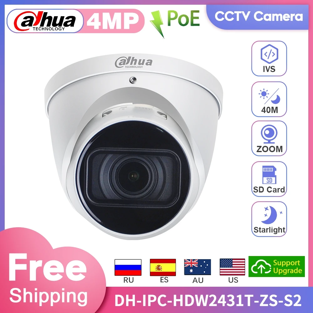 

Dahua IP Camera 4MP PoE IPC-HDW2431T-ZS-S2 Starlight IR 40M 4X Zoom H.265 CCTV Security Protection Outdoor Webcam SD Card IP67