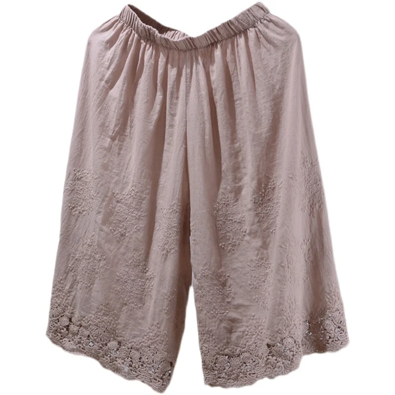 

Summer new solid embroidery Wide Leg Pants Knee length casual elastic waist pants