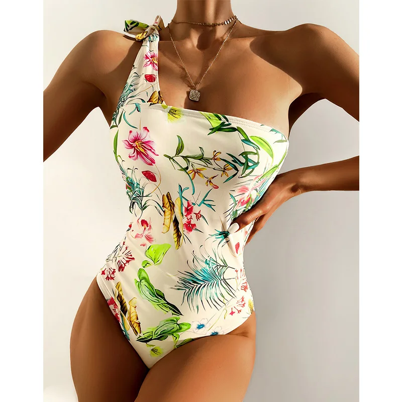 

Micendy Print Swimsuits Women One Shoulder Bathing Suit Summer Push Up Bandage One Piece Suits Hollow Out Bandeau Monokini Swim