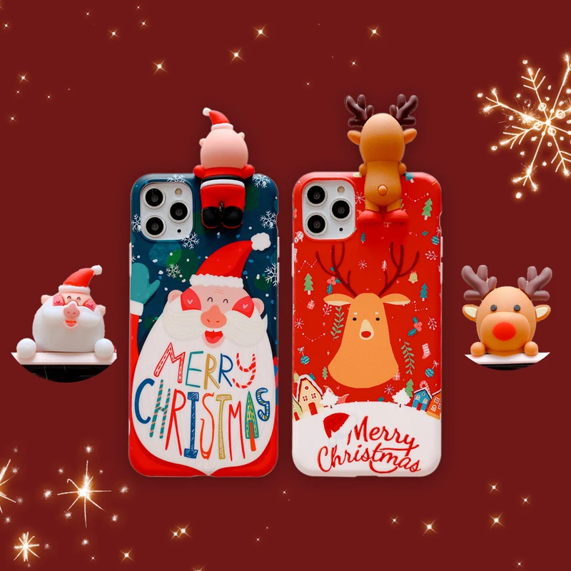 

Cute 3D Doll Cartoon Merry Christmas Santa Reindeer Soft Phone Case For iPhone 11 12 13 Pro Max Mini Xs X Xr 7 8 Plus SE 2 Gift