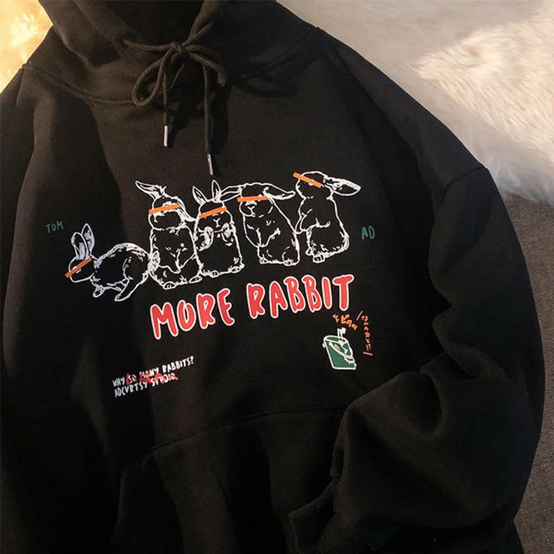 

Rabbit Print Winter Korean Fashion Hoodies Kawaii Oversized Hooded Polyester Harajuku Sweatshirt For Women'S More Korean Style