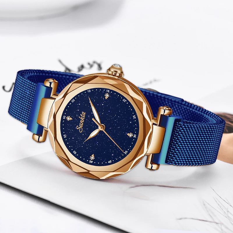 Роскошные брендовые розовые золотые женские часы со звездным небом