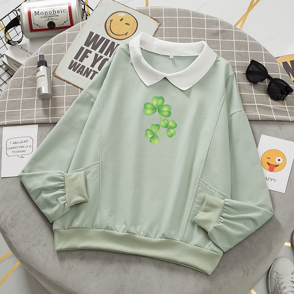Cute for Friends Harajuku Hoodie Cotton Collar Autumn Sweatshirts Hoodies Women Plant Green Printed Sweetshirt St. Patrick's Day