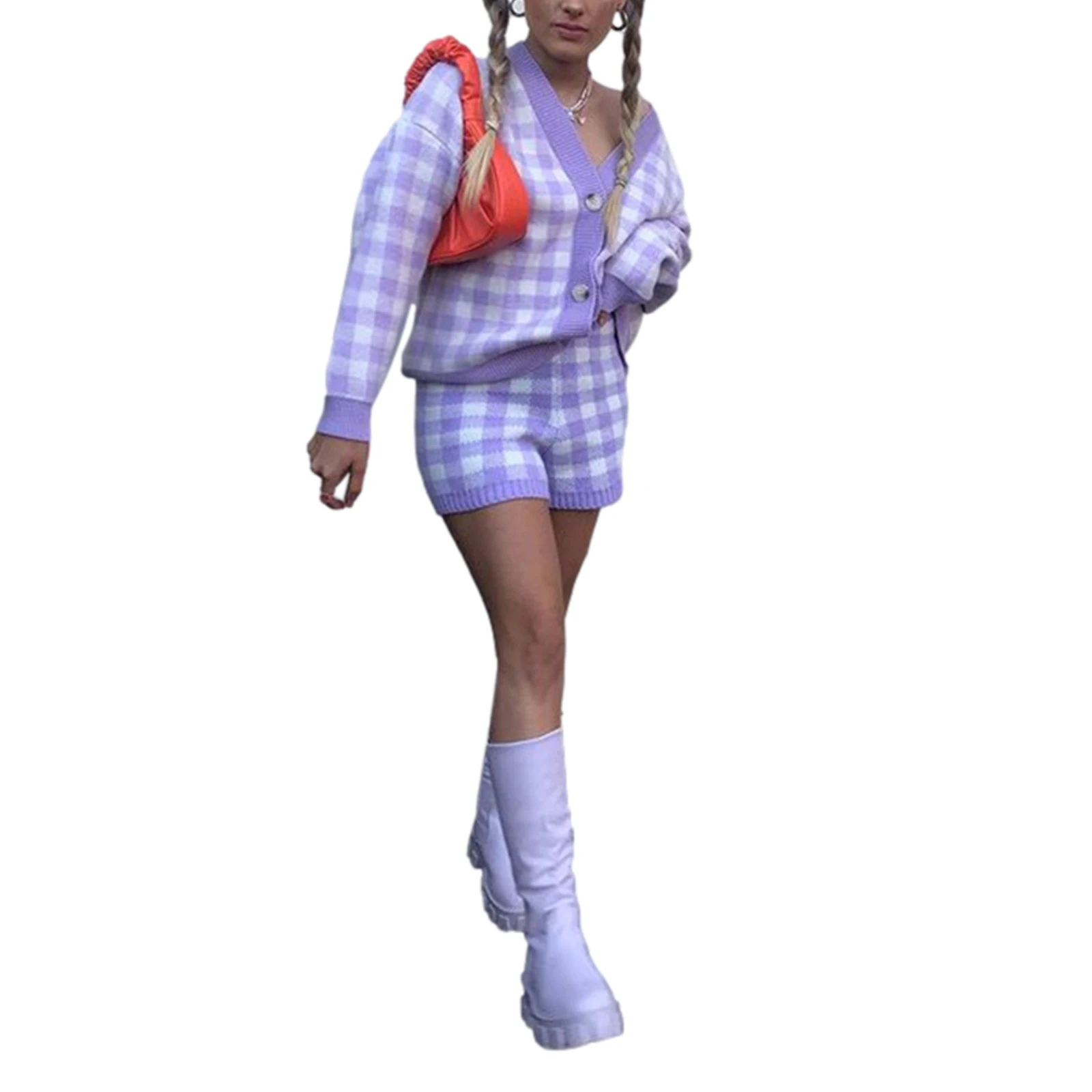 

2Pcs Women Tracksuit Plaid V-Neck Long Sleeves Button-Open Knit Cardigan Sweater Shorts Polyester Suit for Girls Purple