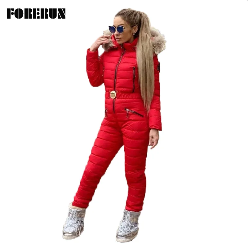 FORERUN One Piece Ski Suit Women Winter Fur Hooded Jumpsuit Cotton Padded Sashes Parka Jumpsuits Zipper Overalls Tracksuits