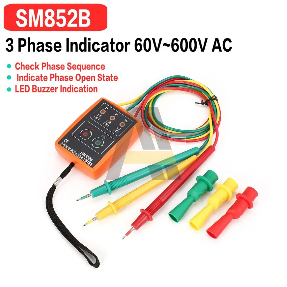 

SM852B 3-фазный поворотный тестер 60 В ~ 600 В переменного тока цифровой индикатор фазы детектор Светодиодный зуммер измеритель последовательнос...