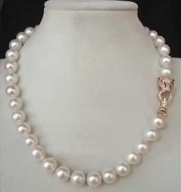 

18" AA++ 10-9MM GENUINE WHITE AKOYA PEARL NECKLACE LEOPARD HEAD CLASP