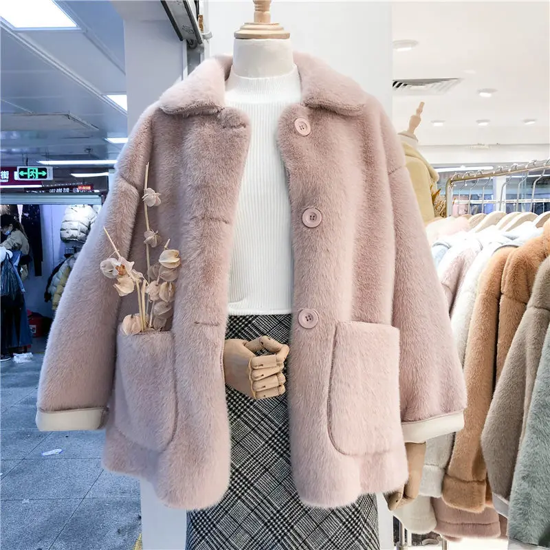 

Winter Women High Quality Faux Mink Fur Coat Luxury Fur Coat Single Breasted OverCoat Thick Warm Chic Female Plush Coats