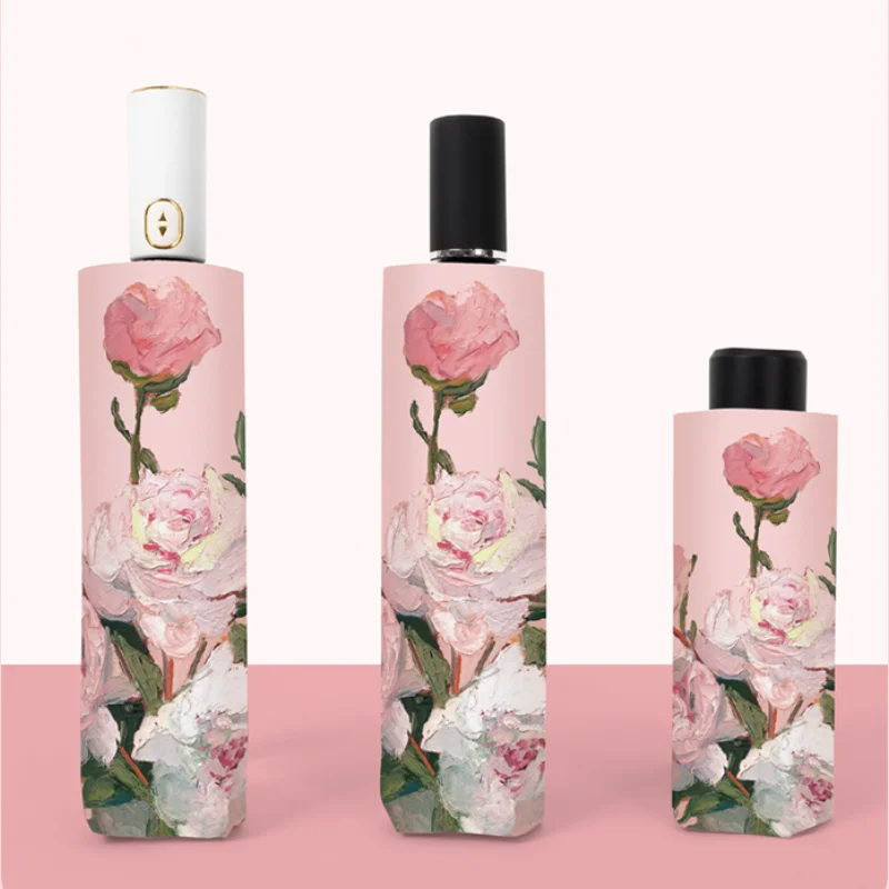 Зонтик солнцезащитный в ретро стиле ручная роспись Розовый пион титан серебро