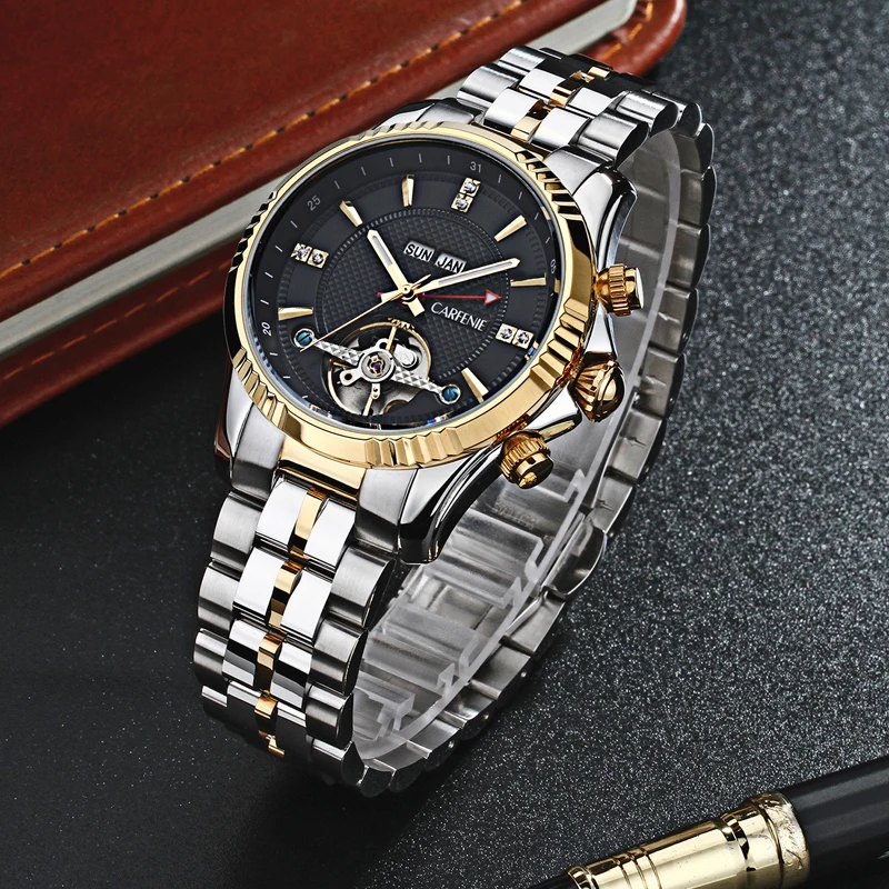 

CARFENIE Skeleton Tourbillon Mechanical Watch Men Automatic Classic Rose Gold Leather Mechanical Wrist Watches Reloj Hombre 2021