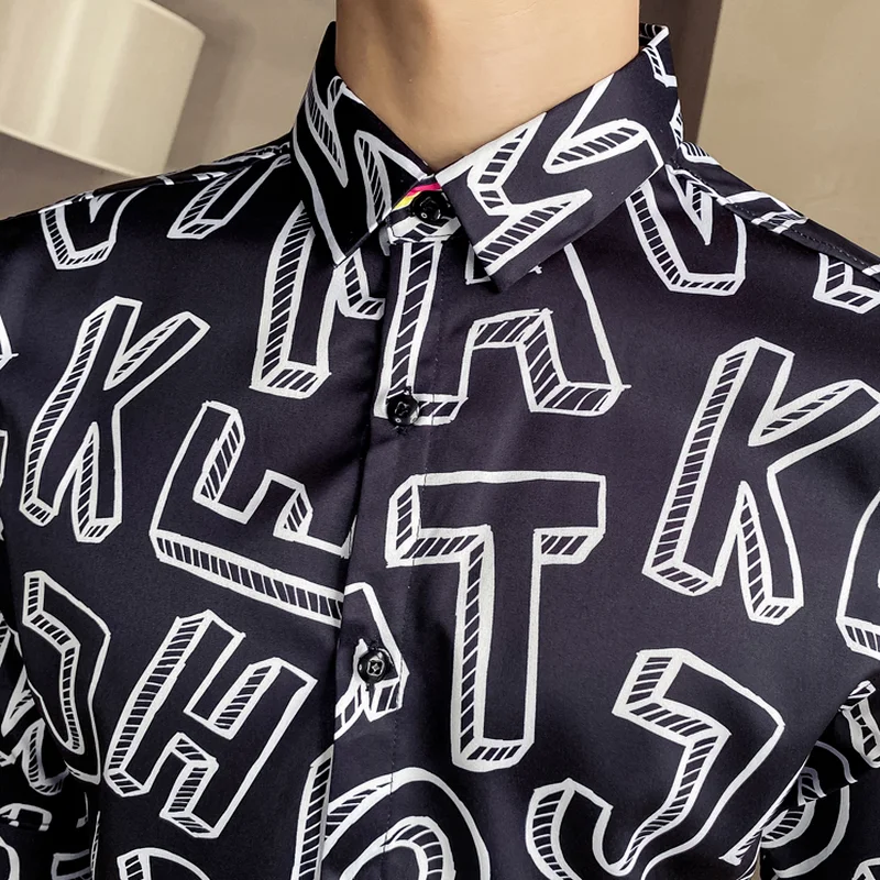 

Full Letter Print Men Shirt Half Sleeve Slim Vintage Shirt 2021 Summer Casual Social Party Streetwear Tops Business Male Clothes