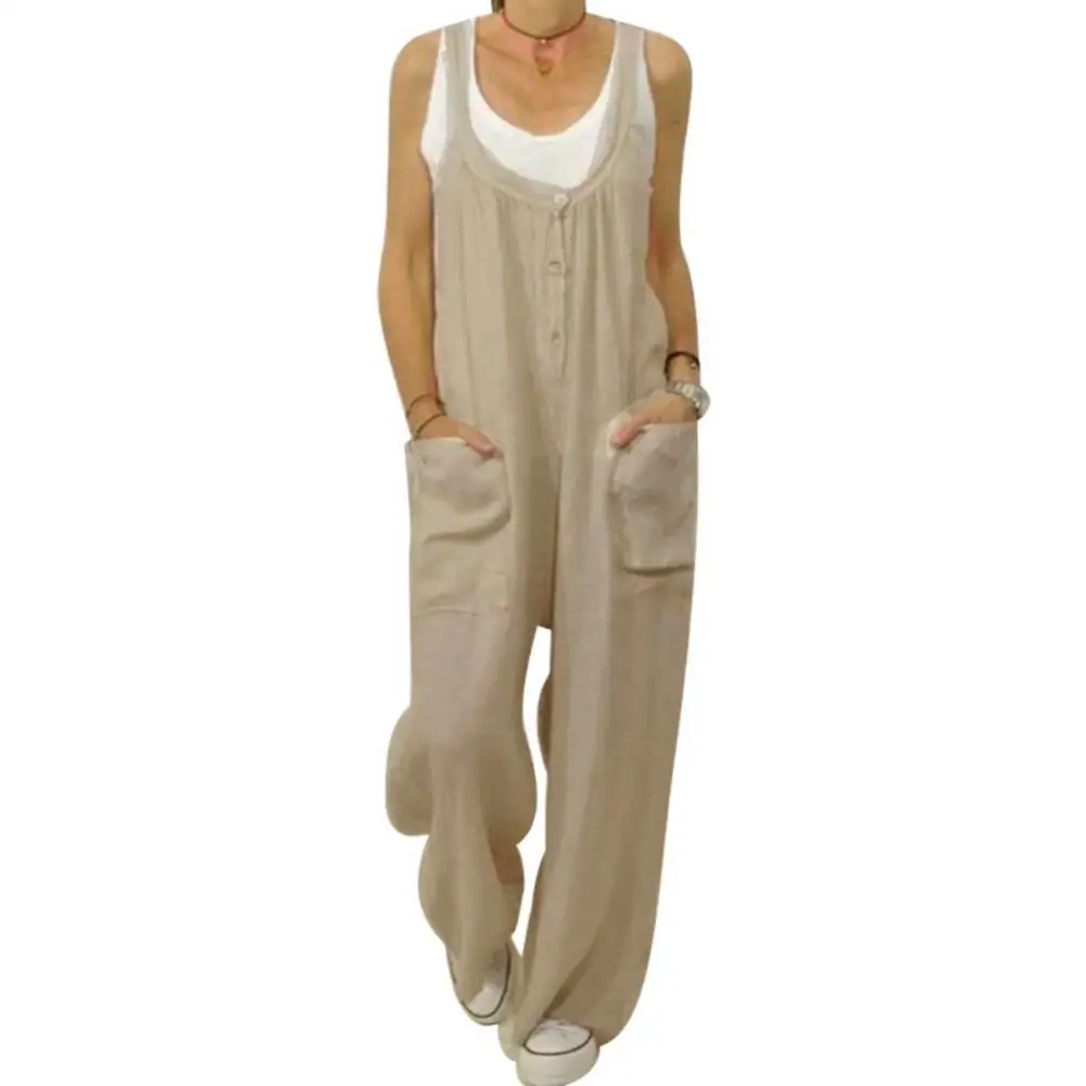 

jumpsuit women Cotton Linen Buttons Two big pockets Cotton Linen Jumpsuit Bib Overall Dungarees Female jumpsuit