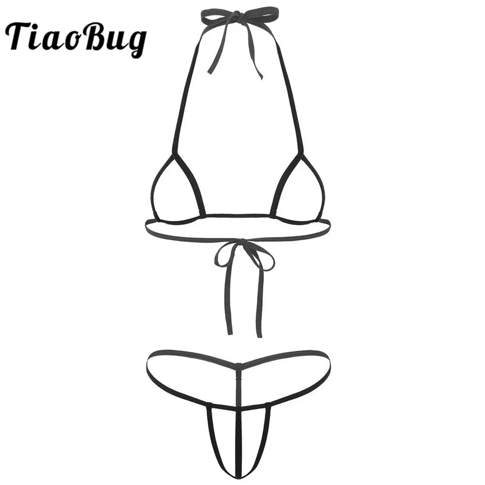 

TiaoBug Women Erotic Lingerie Set Halter Self-tie Open Cups Bra with G-String Crotchless Panties Micro Bikini Hot Sexy Underwear