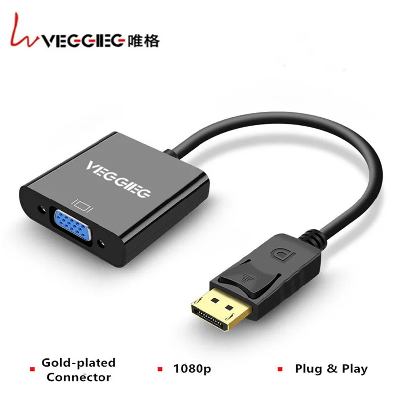 Veggieg 1080P DisplayPort для VGA адаптер DP папа-VGA Женский дисплея конвертер ТВ-проектор Macbook