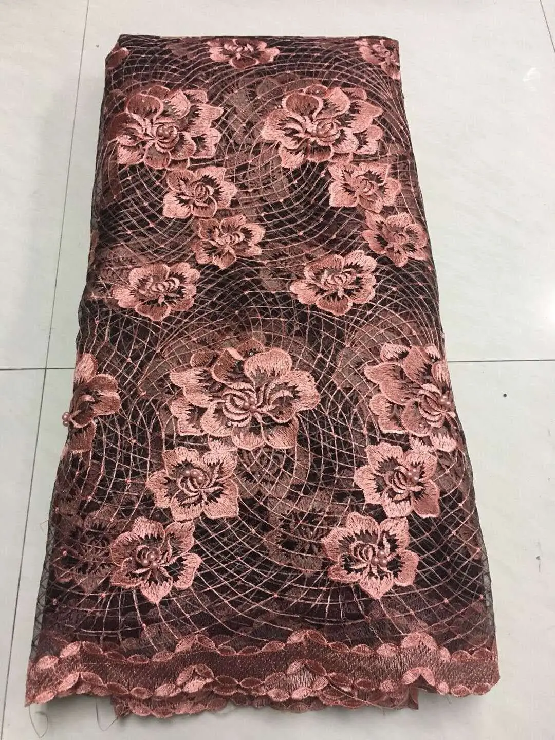 

Latest Peach African Lace Fabric 2021 High Quality Lace Embroidery French Mesh with Beads Nigerian Lace Fabrics Material ZJ013