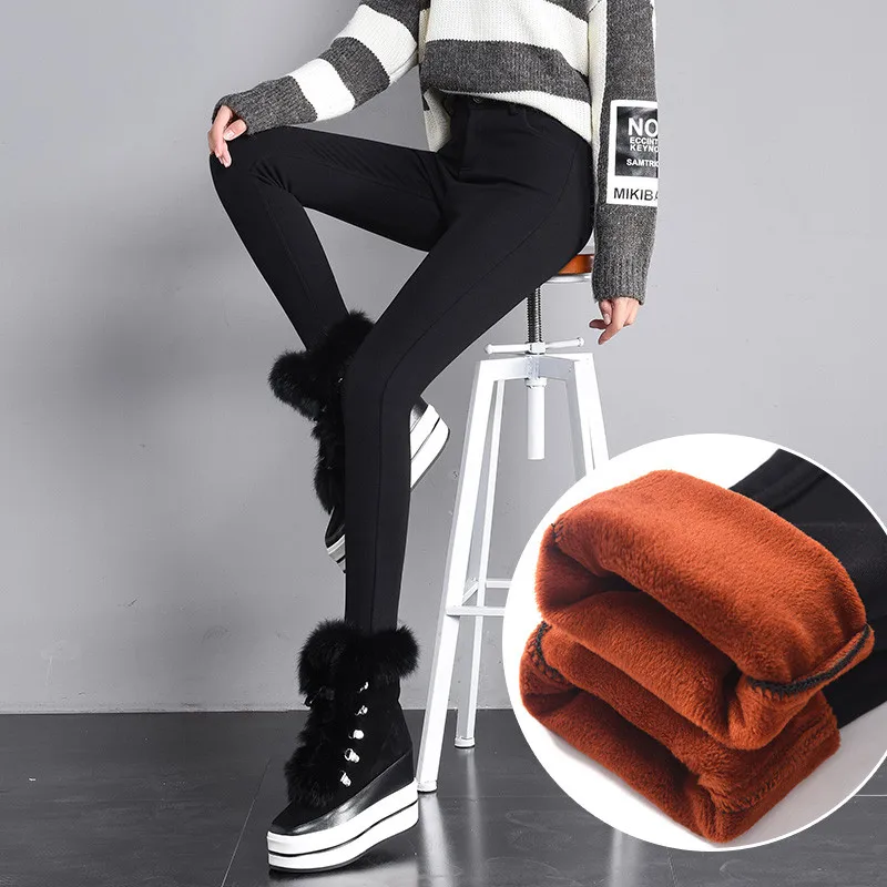 

2019 Skinny Fleece Pencil Pants Women Winter High Waist Solid Trousers Casual Warm Thicken OL Pants New Sexy Streetpants P9205