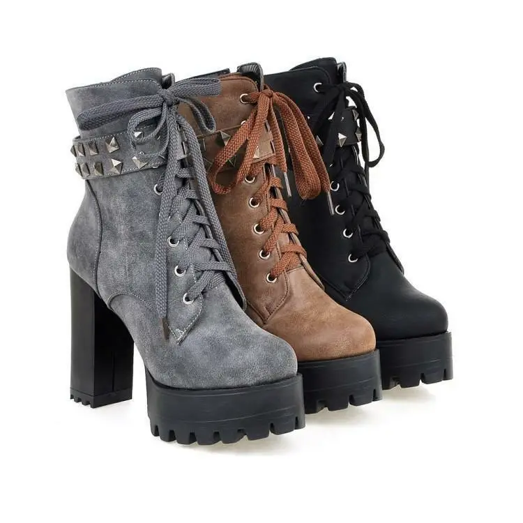 

Womens High Block Heel Ankle Boots Lace Up Punk Rivets Platform Casual Chic