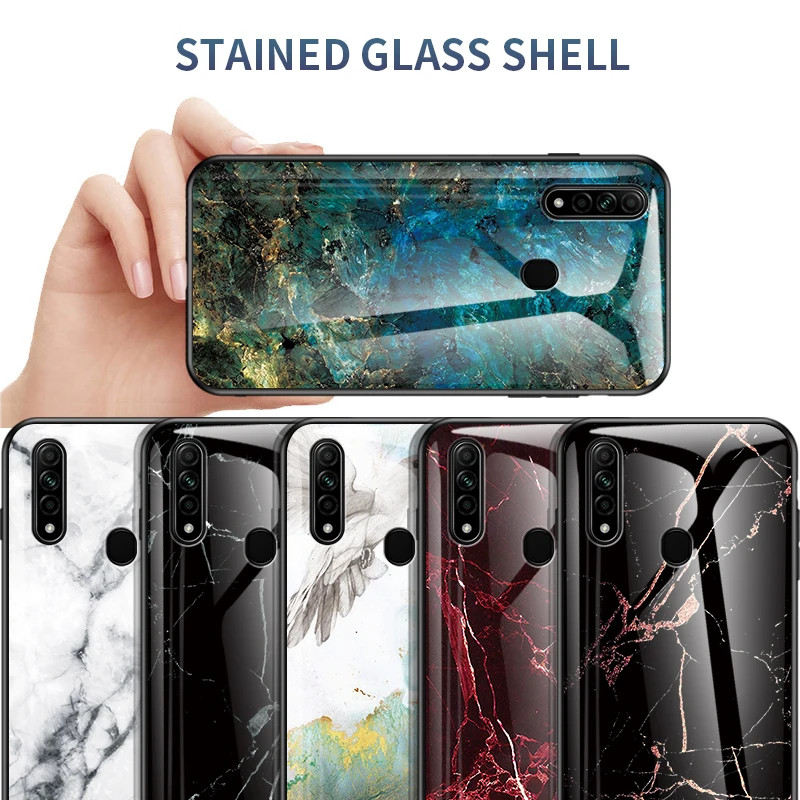 For OPPO A8 Case Marble Glass & Silicone Frame Hard Phone Cover for Slim Shockprooof Coque |