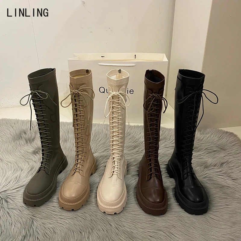 

Женские сапоги до бедра, высокие сапоги до колена с круглым носком и перекрестными ремешками, модная зимняя длинная обувь коричневого и чер...