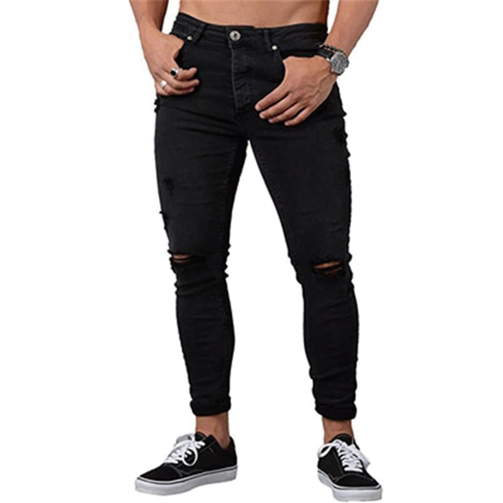 

Male Hole Pencil Pants Jeans Fashion Casual Mens Hip Hop Skinny Ripped Denim Pants Large Size for Man Jogging Jean