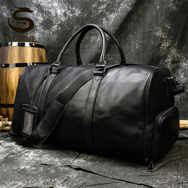 Men Genuine Leather Travel Bags Large Capacity Luggage Bag Business Handbags Fitness Gym Bag Shoes Pockets Black Brown XA204M