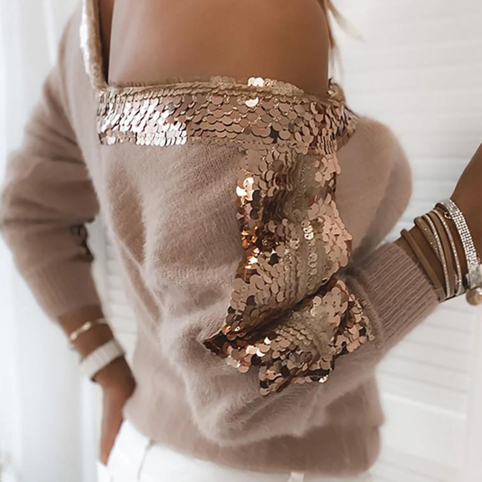 Свитер женский осенне-зимний с V-образным вырезом и длинным рукавом | Женская