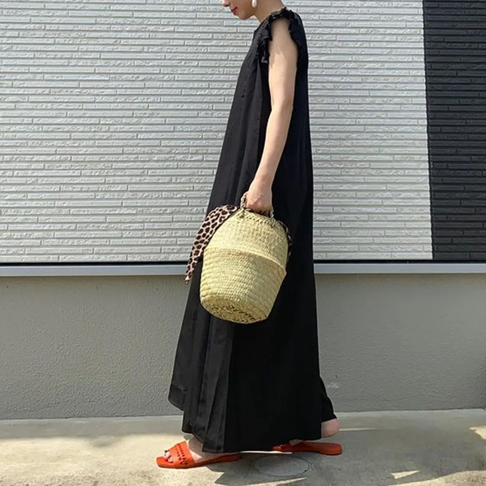 

Summer Black Long Dress Women Korean Japan 2021 Sleeveless Casual Maxi Robe Femme Vestiods Pullover Pleated Loose Style Dress
