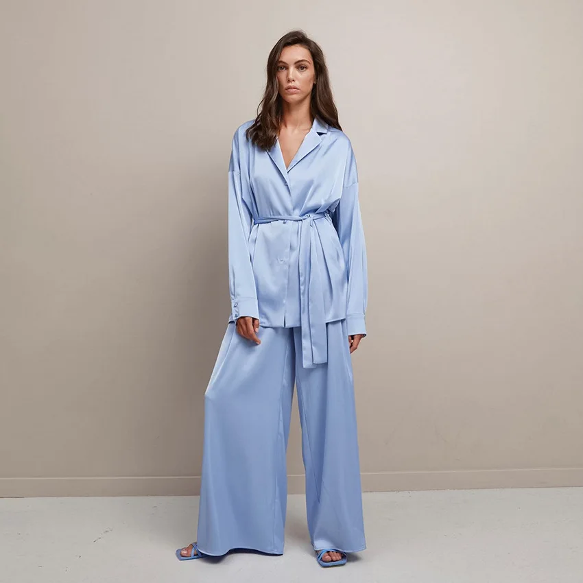 

Women Satin Pajama Set Elegent Glossy Sleepwear Loungewear Silk-like Long Sleeve Robe & Loose Pants Nightwear Ladies Homewear