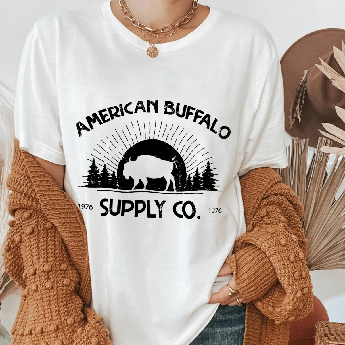 Футболка в американском стиле с изображением буйвола футболки хиппи модные