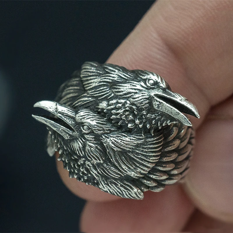

SECRET BOY Viking Men Two Entwined Ravens Ring Norse Mythology Silver Color Odin Crow Carbide Rings Nordic Amulet Jewelry