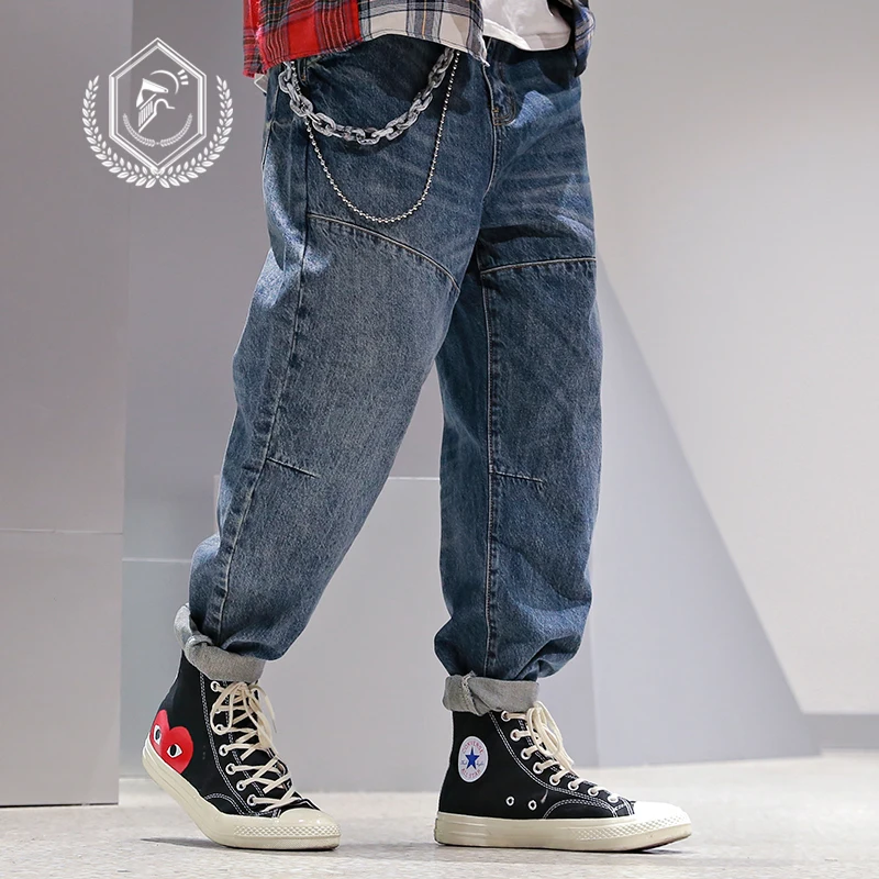 Men Loose Vintage Harem Jogger Jeans Casual Ankle-Length Staright Wide Leg Hip Hop Jeans