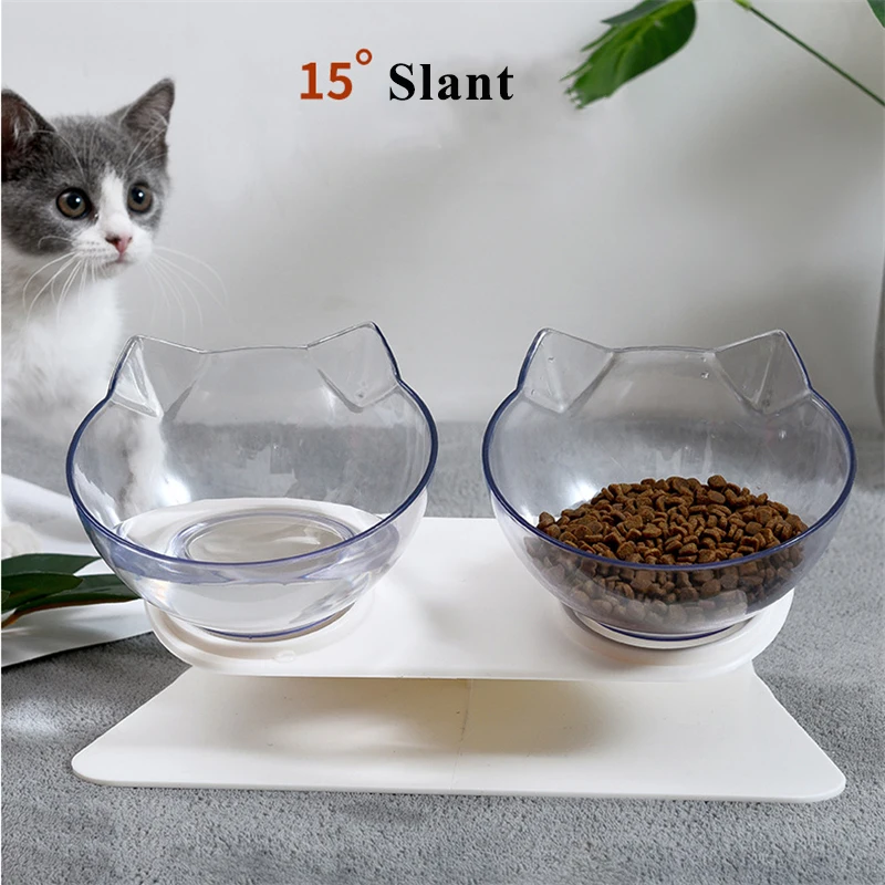 15 Degree Slant Pet Cat Food Pot Bowl Single/Double Bowls Drinking Water Container Cat Ears Shape Transparent Pet Bowl