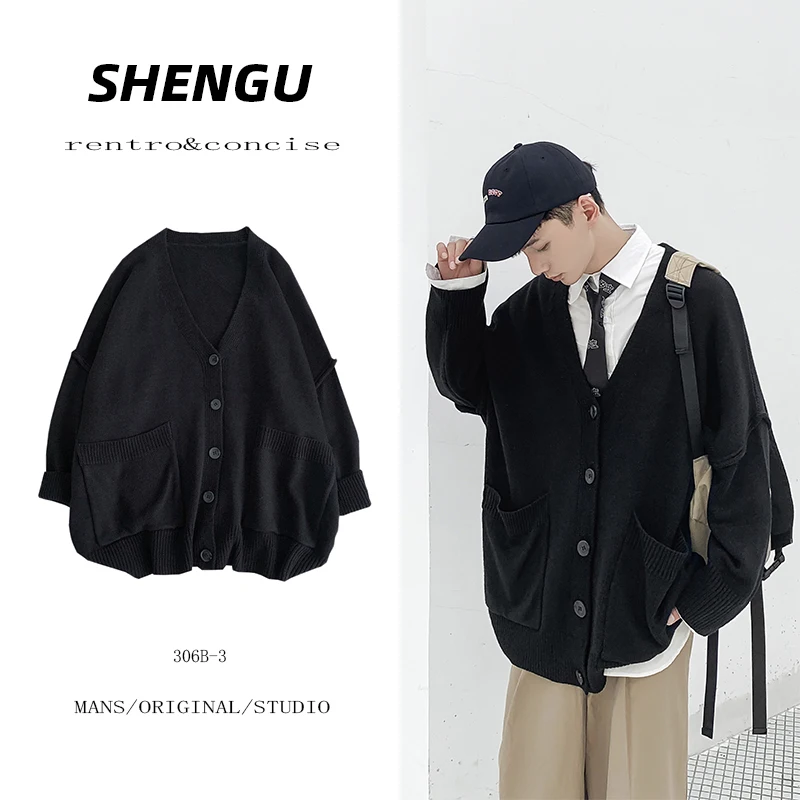 Мужской вязаный кардиган с круглым вырезом однотонный Свободный большого