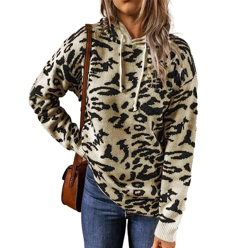 

Female sweaters new Europe and the United States of 2021 autumn winters leopard grain bag rope hooded women's sweaters