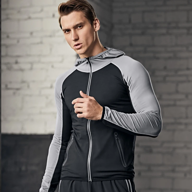 Мужская спортивная куртка для фитнеса быстросохнущая на молнии с капюшоном