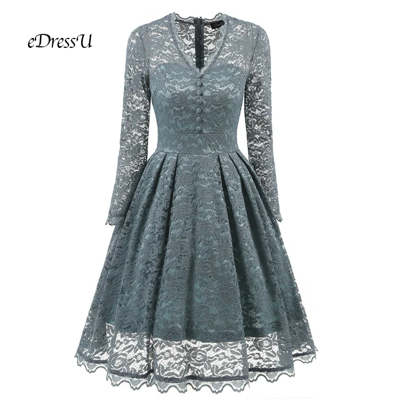 

Vestidos de Fiesta Illusion Evening Party Dress Hollow Sleeves Lace Prom Dress Knee Length Elegant Robe de Soiree DN-1591