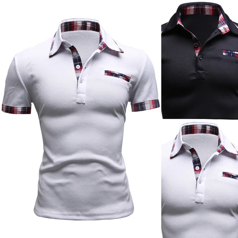 

Men's Short Sleeve T-shirt Fashion Male Plaid Short Sleeve Pure Color Spliced Polo Shirt Male shirts