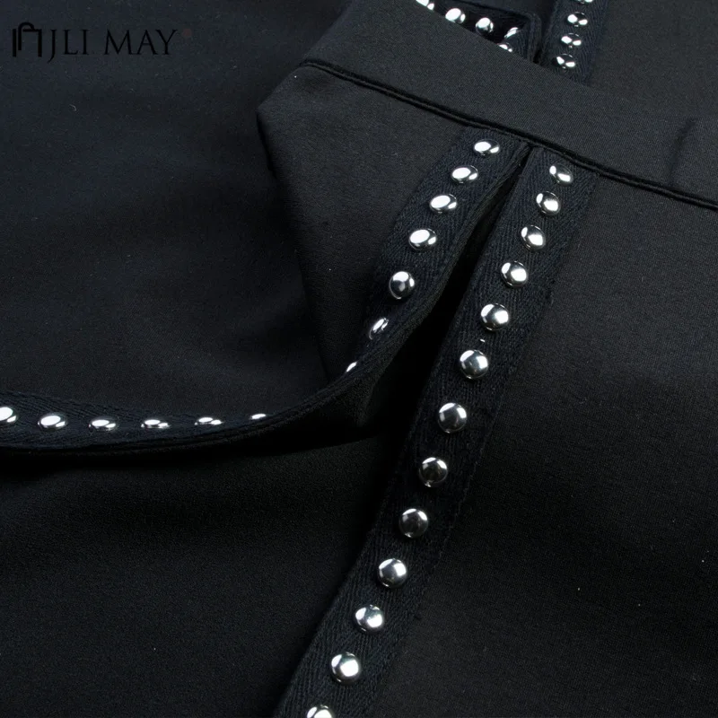 

JLI MAY Solid Rivet Womens Skirts Autumn Winter A-Line Empire Elastic Mini Casual Punk Style Black Skirt