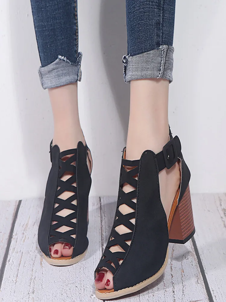 

Peep Toe High Heels Sandals Women 2020 Summer Shoes Women Sexy Hollow Square Heel Gladiator Pumps Party Female Shoes Plus Size