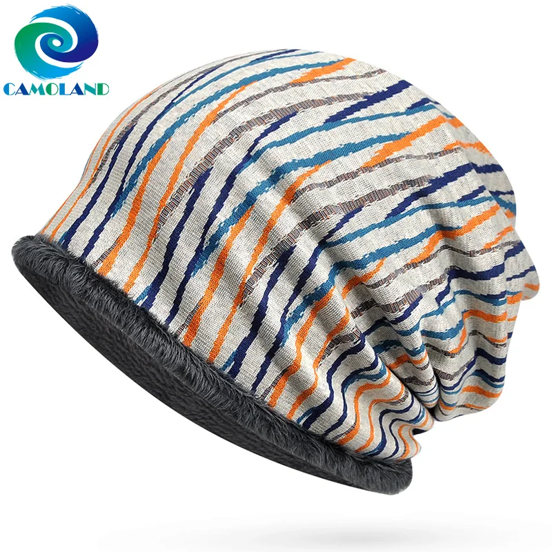 

CAMOALND Fashion Colorful Striped Pattern Hedging Cap Women Men Winter Fleece Beanies Double Use Scarf Outdoor Skullies Hat