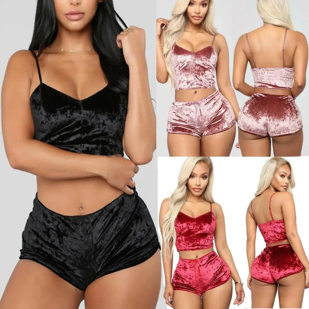 

Women Bra Set Plus Size Sexy Pajamas Gold Diamond Velvet Home clothes Fashion Lingerie V neck Cute Girl Underwear set