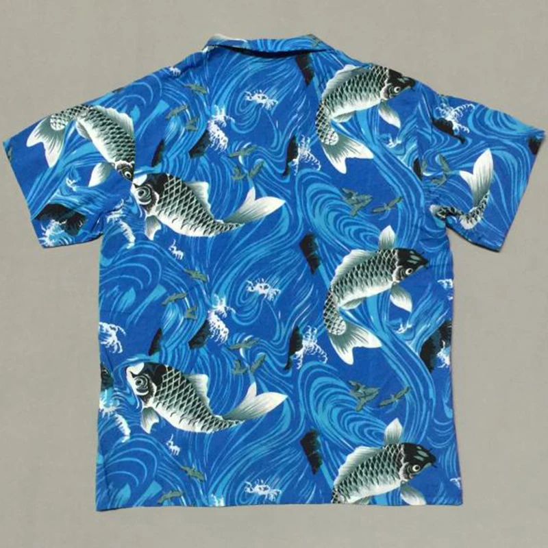 

BOB DONG Carp Print Hawaii Aloha Shirts Mens Short Sleeve Casual Shirt 2 Colors Camisa Masculina Summer Beach Vacation Tops