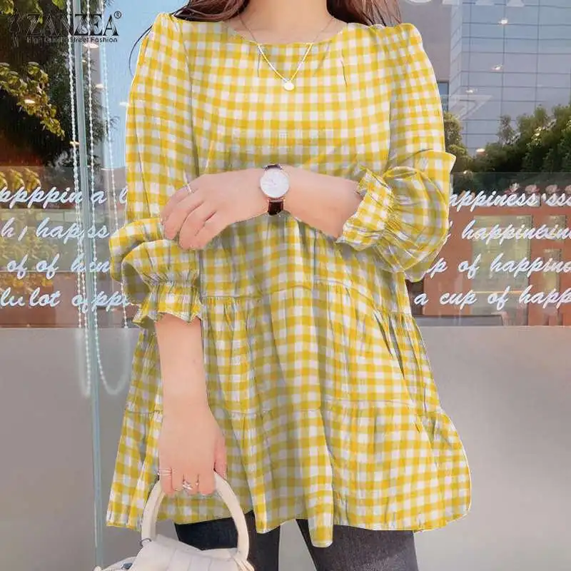 

ZANZEA Women Ruffle Blouse 2021 Spring Vintage Plaid Top Casual Puff Sleeve Loose Tunic Ladies O-neck Blusa Femme