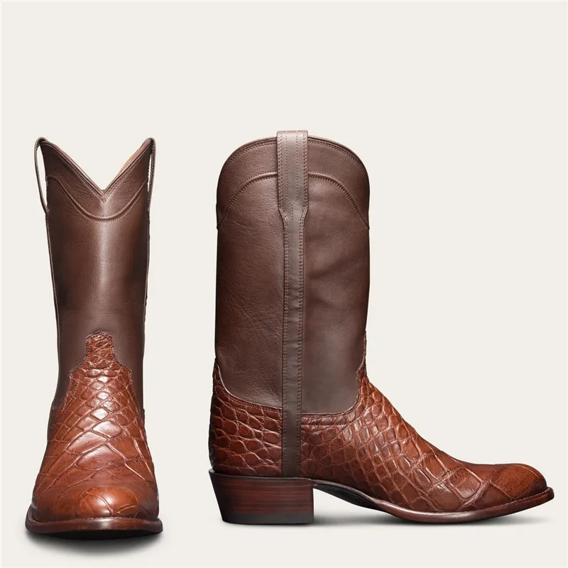 

Men Motorcycle Boots Splicing PU Leather Wood Grain Mid Heel Brand Male Work Boots Mid Calf Pointed Toe Soft TV853