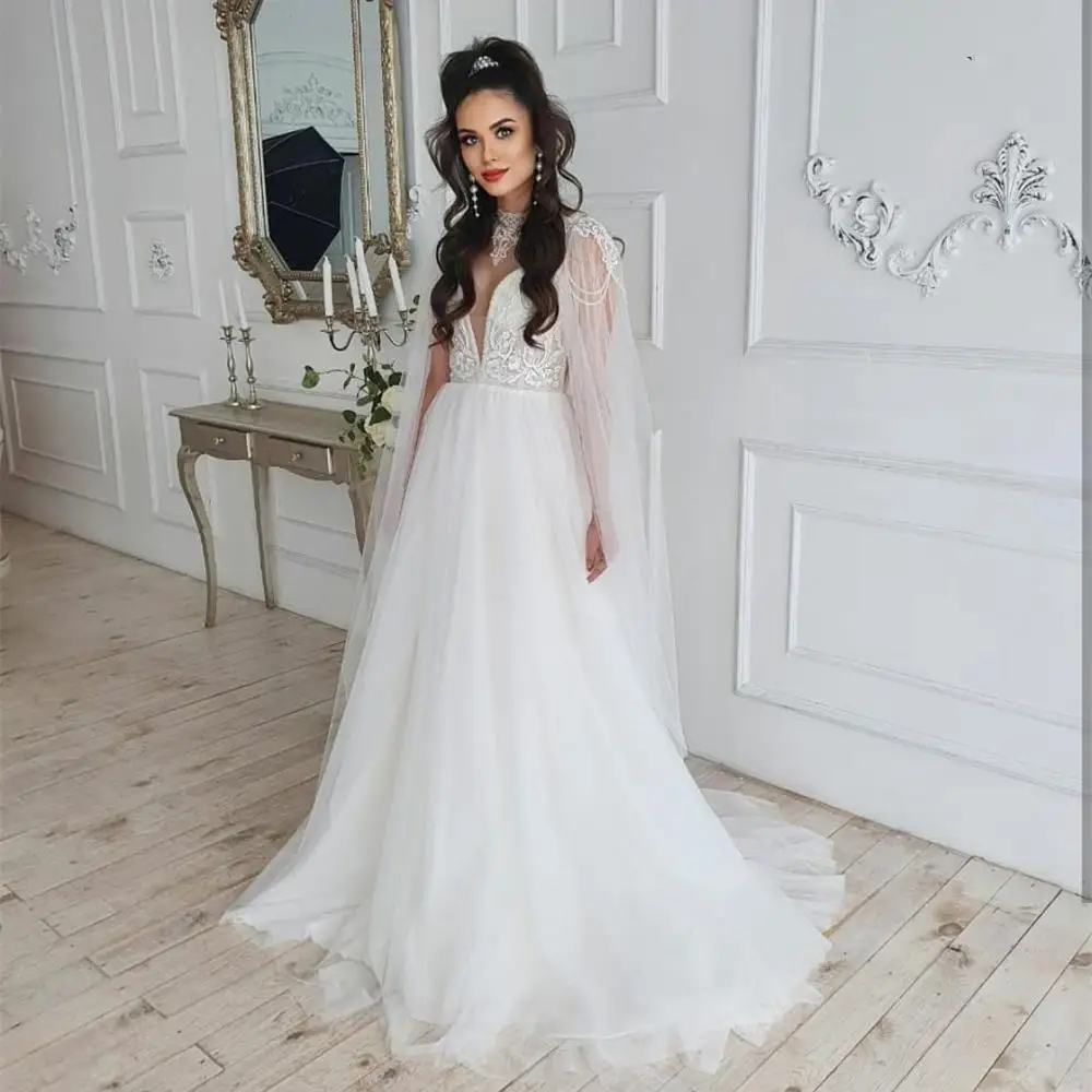 

Stunning Wedding Dress A-Line Wrap Floor Length Lace Appliques Court Train Bridal Gowns White Robe De Mariee Charming For Women