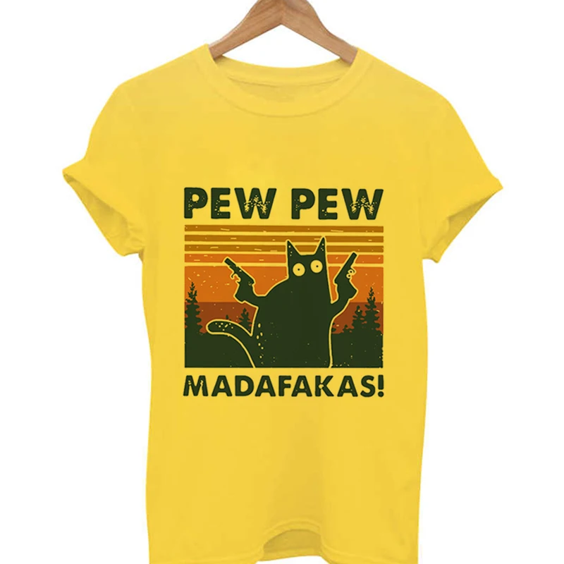 

Pew Pew Madafakas Print Women's Murderous Black Cat With Gun Funny Girl T Shirt Casual Halloween Short Sleeve Top Tee